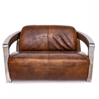 Sofá en acero cromado tapizado en piel color marrón del siglo XX