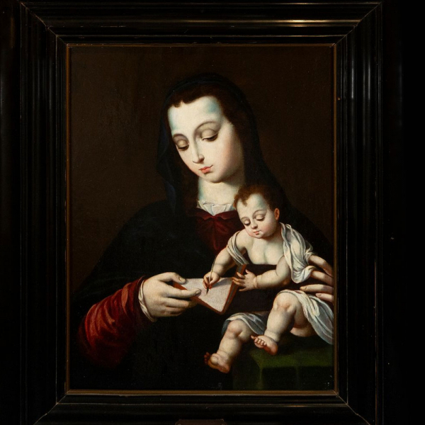 "Virgen con el Niño escribiendo" Luis de Morales y su taller (Badajoz, 1510-Alcántara, 1586) Escuela Extremeña, Siglo XVI. Óleo sobre tabla. 