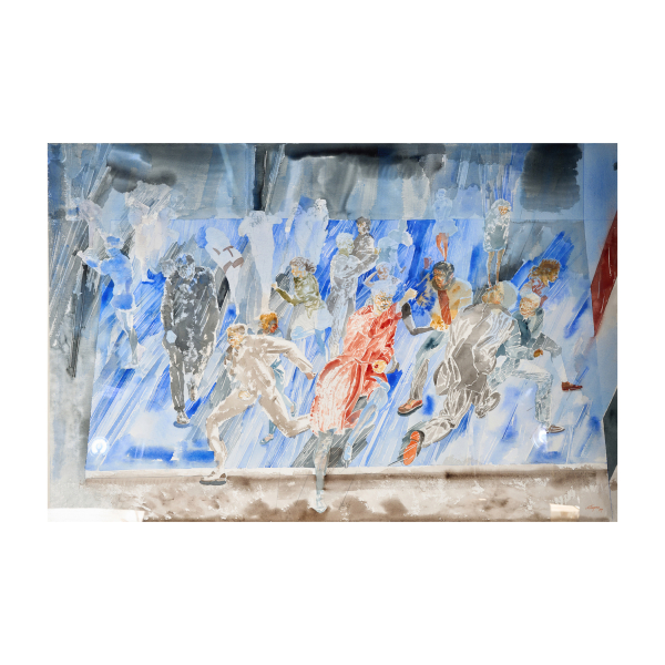 Francesc Artigau Seguí (Barcelona, 1940) Escena con personajes. Técnica mixta y acuarela sobre papel.