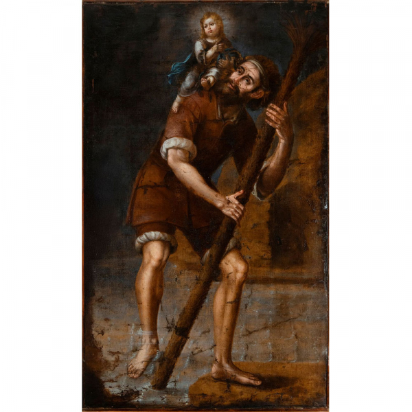 Atribuido a Diego Quispe Tito (Cuzco, Peru, 1611 - 1681) "San Cristóbal y el Niño Jesús".    Óleo sobre lienzo