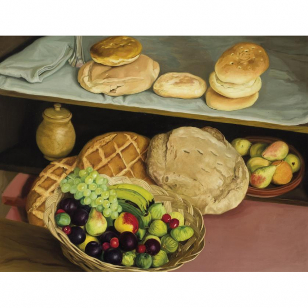 Daniel Quintero.   &quot;Cesto de frutas (1974)&quot;. Óleo sobre tabla.