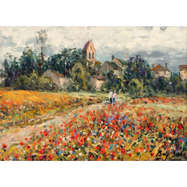 JUAN BAYÓN SALADO &quot;BAY-SALA&quot;  (Logroño 1913 - Bilbao 1995) &quot;Vista de Fromont con personajes. Francia&quot;