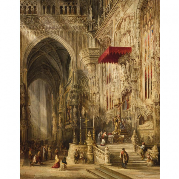 Genaro P&eacute;rez Villaamil. "Interior de catedral". &Oacute;leo sobre lienzo. Firmado en la zona inferior central.
