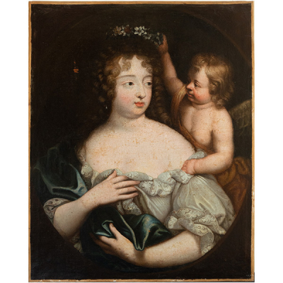 Taller de Pierre Mignard, Madamme de Montespan siendo coronada en su Belleza por Cupido, escuela francesa de finales del siglo XVII