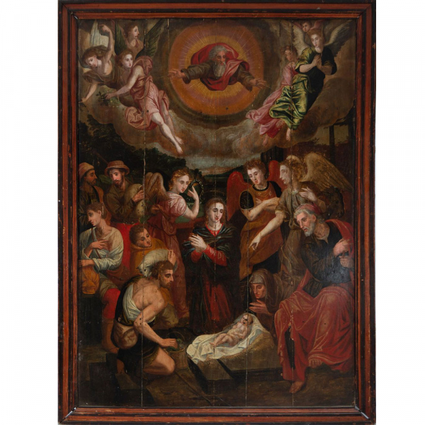 "La Adoración de Pastores" Escuela Hispano-flamenca del siglo XVI - XVII.   Óleo sobre tabla