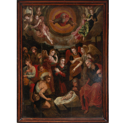 "La Adoraci&oacute;n de Pastores" Escuela Hispano-flamenca del siglo XVI - XVII.   &Oacute;leo sobre tabla