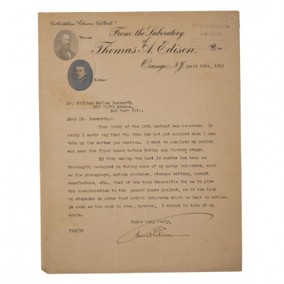 Thomas A. Edison.   Carta mecanografiada con firma autógrafa