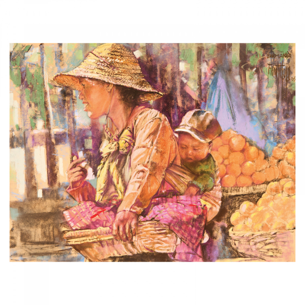 José Luis Fuentetaja (Madrid, 1951) Mujer birmana en el mercado. Dibujo a pastel sobre papel.