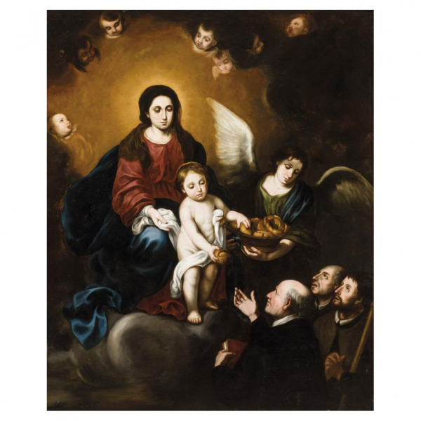 SEGUIDOR DE BARTOLOMÉ ESTEBAN MURILLO &quot;Virgen y el Niño entregando pan a los sacerdotes&quot;. Óleo sobre lienzo.
