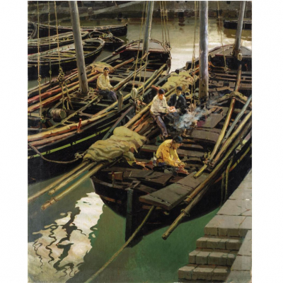 Enrique Martínez Cubells. &quot;Lanchas pesqueras (Bermeo) (1933)&quot;. Óleo sobre lienzo. Firmado y fechado (1933) en el ángulo inferior derecho.