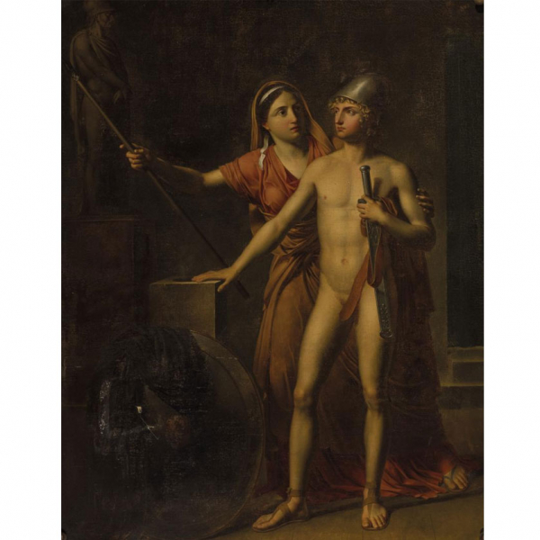 Escuela Francesa S. XVIII.   "Tetis entregando las armas a Aquiles". Óleo sobre lienzo.  