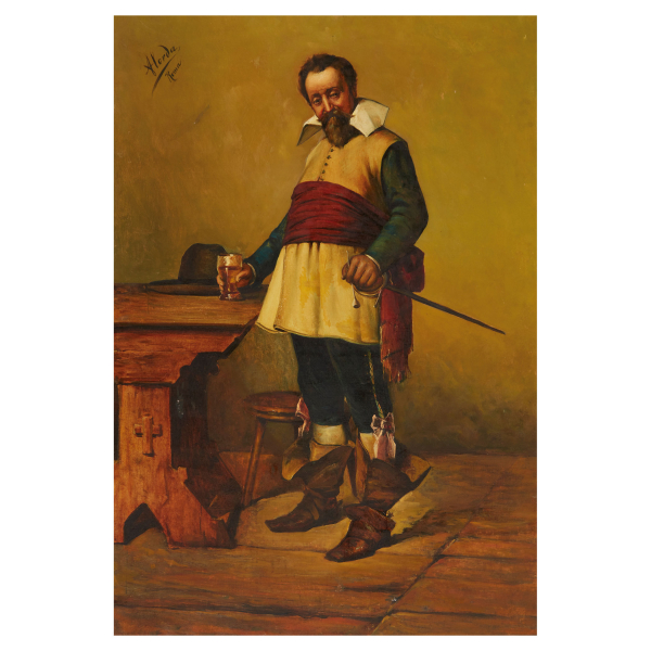 Ramon Alorda Pérez (Barcelona, 1848-1899) Mosquetero. Óleo sobre tela.