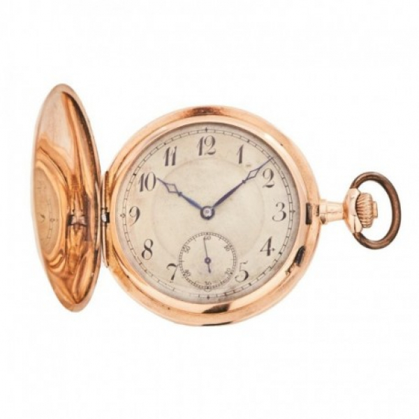 Reloj de bolsillo saboneta en oro 14K, ppíos. s.XX. Esfera blanca con numeración arábiga