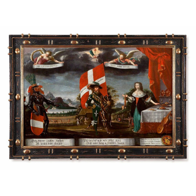 ALBRECHT KAUW EL VIEJO (Estrasburgo, 1621 &ndash; Berna, 1681) "Alegor&iacute;a de Suiza".    &Oacute;leo sobre tabla.