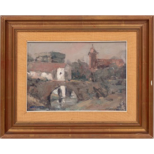 LUIS GARCÍA CAMPOS  (Bilbao 1928 - 2011) "Vista de pueblo con puente y rio"