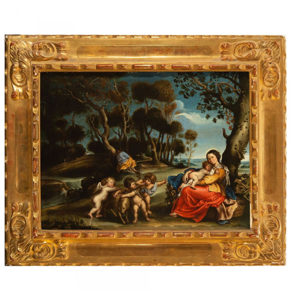 Importante &quot;Descanso en la Huida a Egipto&quot; de la Escuela Sevillana de Alonso Miguel de Tovar, o posiblemente italiana de Emilia, siglo XVIII.