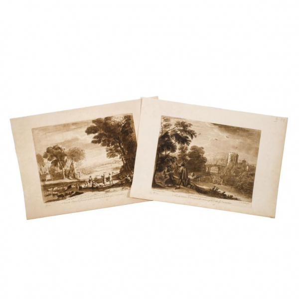 "Vistas con castillos". Pareja de grabados al aguatinta por R. Earlom