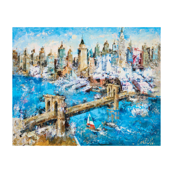 Josep Costa Vila (Granollers, Barcelona, 1953) Puente de Brooklyn. Técnica mixta y collage sobre tela. Firmado.