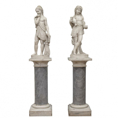 ESCUELA ITALIANA O FRANCESA S. XIX &quot;Verano y Otoño&quot;. Pareja de grandes esculturas realizadas en mármol blanco tallado y pulido. 