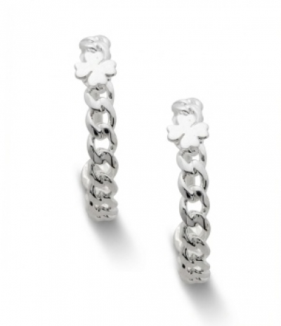Pendientes de aro en plata representando cadena con decoraci&oacute;n de tr&eacute;vol central.