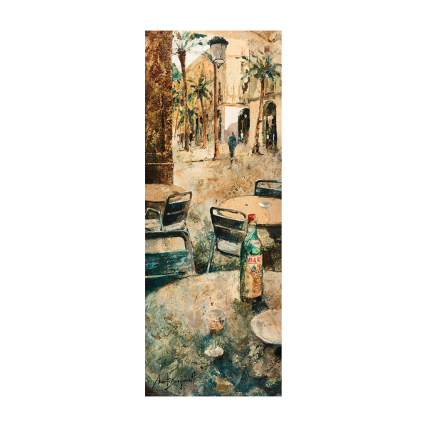 Josep Martí Bofarull (Barcelona, 1965) Plaza Real. Técnica mixta y collage sobre tabla. Firmado.