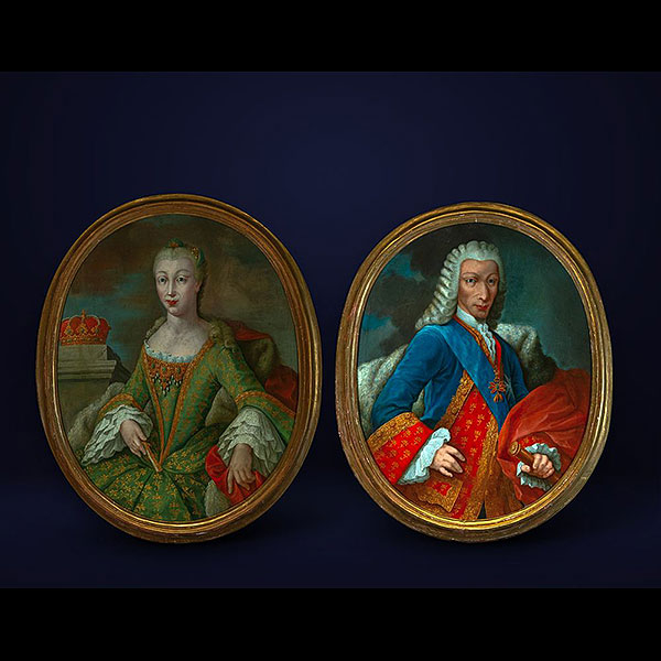 Escuela Novohispana del siglo XVIII - Pareja de presuntos retratos de CarIos III Y María Amalia de Sajonia.
