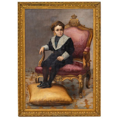 ESCUELA ESPAÑOLA  (S. XIX) &quot;Retrato de joven sentado en el sillón con escudo heráldico y corona nobiliaria &quot;