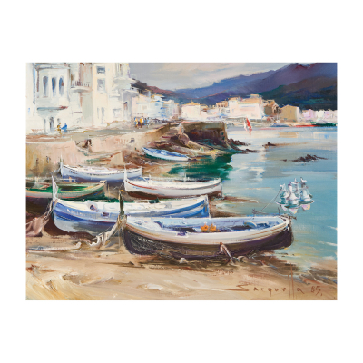 Josep Sarquella Escobet (Llagostera, Girona, 1928-Barcelona, 2000) Barcas en Calella de Palafrugell. Óleo sobre tela. Firmado y fechado en 1985.