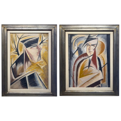 NATALIA GONCHAROVA (Ladyzhino, 1881 &ndash; Par&iacute;s, 1962) "Retrato del bailar&iacute;n y core&oacute;grafo L&eacute;onide Massine / Retrato de hombre" (h.1916).    Pareja de &oacute;leos sobre lienzo