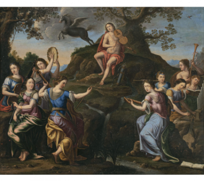 ESCUELA FRANCESA, H. 1650.  Apolo y las Musas.   &Oacute;leo sobre cobre. 