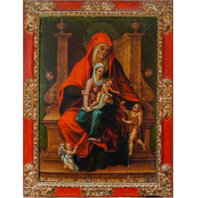 "Virgen con el Ni&ntilde;o y Santa Ana" Escuela Italiana, Siglo XV-XVI.   &Oacute;leo sobre tabla. 