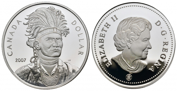 CANADA 2007, 1 dólar Thayendanega (KM-720) 25,18 gramos, con caja y certificado.