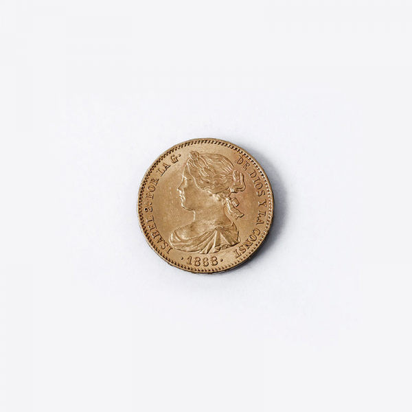 Moneda de oro 900 mil. ESPAÑA, 10 Escudos. Isabel II. 1868 (18*68). Madrid. 22 mm. EBC++.