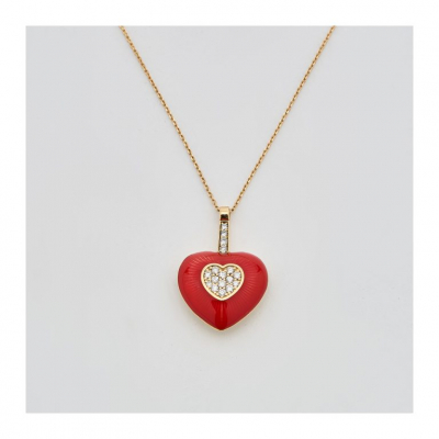 Gargantilla con colgante diseño corazón en oro, esmalte rojo y diamantes talla brillante