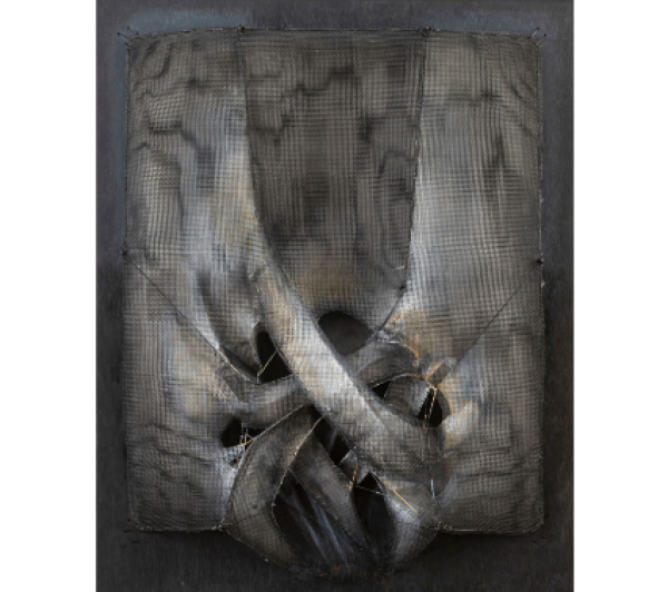 MANUEL RIVERA (Granada, 1927 - Madrid, 1995)  Saeta nº1, 1991.   Técnica mixta (tela metálica, alambre, metal y óleo) sobre madera. 