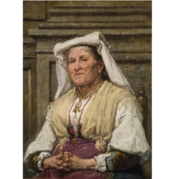 Francisco Pradilla Ortiz. "Anciana napolitana (1901)". Óleo sobre lienzo. Firmado en el lateral derecho.