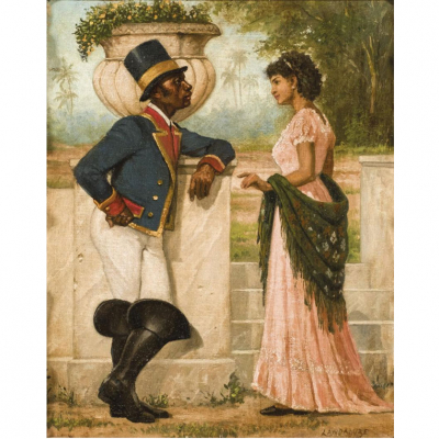 Victor Patricio Landaluze. &quot;Calesero y joven mestiza&quot;. Óleo sobre lienzo. Firmado en el ángulo inferior derecho.