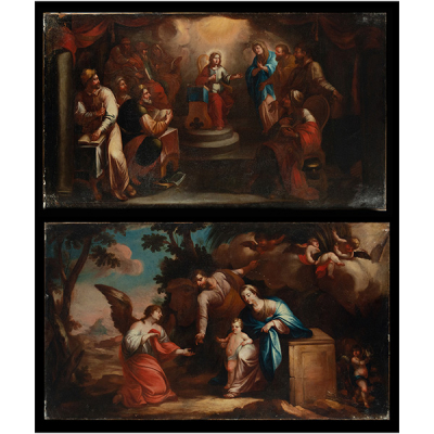 Gran parerja de lienzos de Cristo Predicando en el Templo y Descanso en la Huída a Egipto, escuela colonial Novohispana o de Emilia italiana del siglo XVII