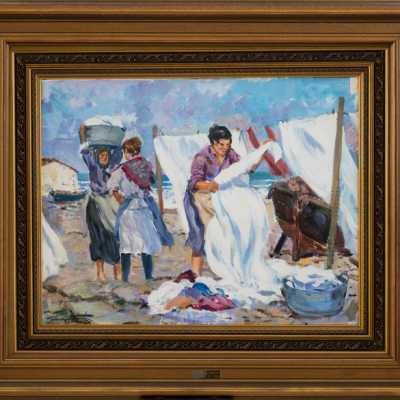 &quot;Lavanderas tendiendo la ropa&quot;  JOSÉ ANGEL GARCÍA TOTORICA (Vizcaya, 1941).   Firmado: García Totorica.   Técnica: Óleo/Lienzo. 