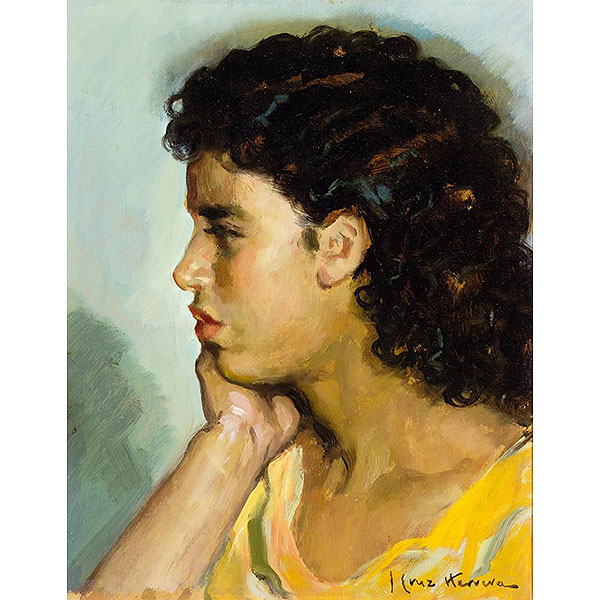 José Cruz Herrera.   "Joven pensativa". Óleo sobre tabla. Firmado en el ángulo inferior derecho.