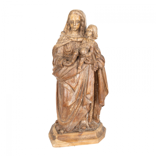 Escuela española, s.XVII.  Virgen con el Niño.  Escultura en madera tallada. 