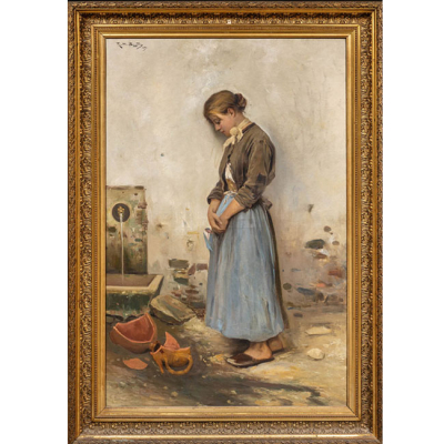 Pintura siglos XIX-XX? Mujer junto a fuente en óleo sobre lienzo, con marco dorado y tallado.