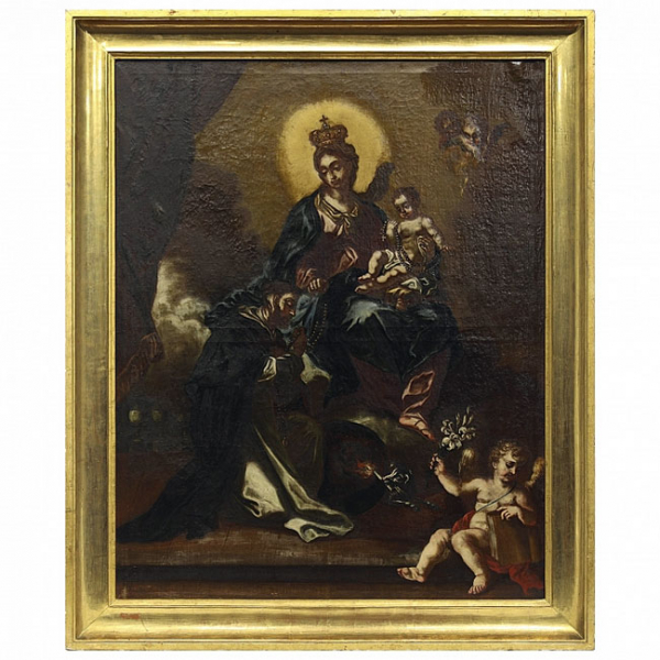 Escuela Española S.XVIII "Virgen con niño". Óleo sobre lienzo. 