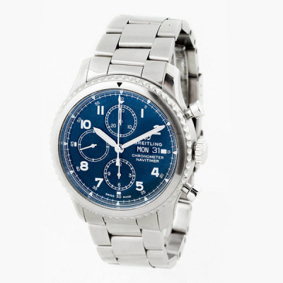 Reloj cronógrafo, cab., suizo, BREITLING Chronometer Navitimer, ref. A13314. Caja circular, 42 mm, con bisel fijo y brazalete de acero.