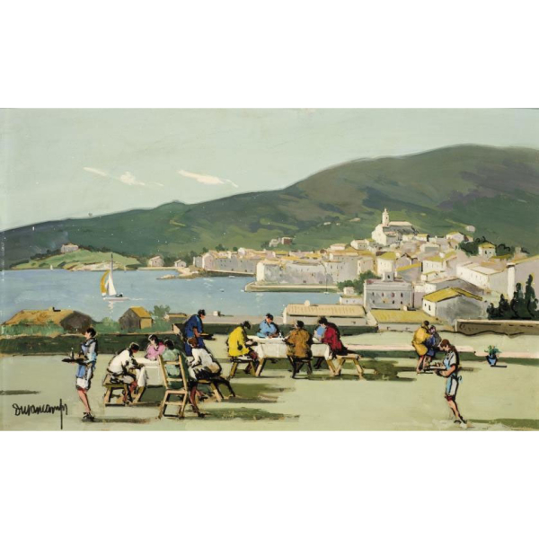 Rafael Durancamps. "Almuerzo en Cadaqués". Óleo sobre tablex. Firmado en el ángulo inferior izquierdo.