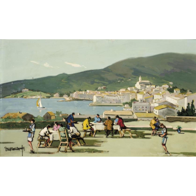 Rafael Durancamps. "Almuerzo en Cadaqu&eacute;s". &Oacute;leo sobre tablex. Firmado en el &aacute;ngulo inferior izquierdo.