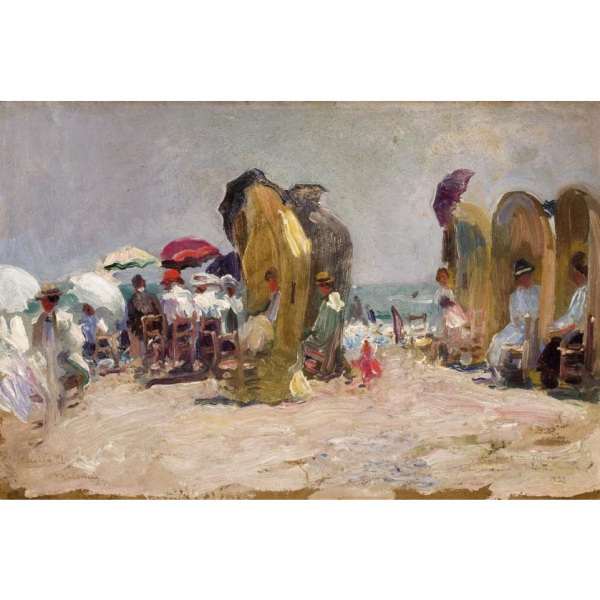 Cecilio Pl&aacute; y Gallardo. "D&iacute;a en la playa de Valencia (1922)". &Oacute;leo sobre cart&oacute;n. Firmado y localizado (Valencia) 
