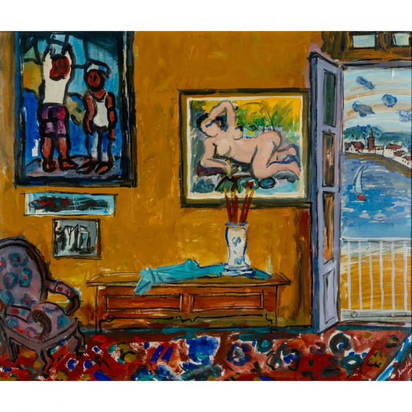 Carles Nadal Ferreres (París, Francia, 1917-Sitges, Barcelona, 1998).  Salón interior.  Óleo sobre tela. Firmado. 