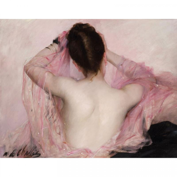 Alphonsine de Challié. &quot;Jeune femme brune à sa toilette au voile rose. Circa 1900&quot;. Óleo sobre lienzo. Firmado 
