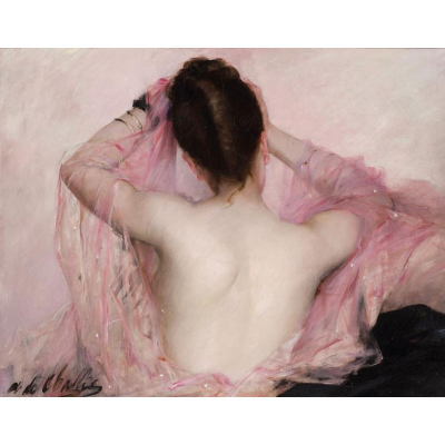 Alphonsine de Challié. &quot;Jeune femme brune à sa toilette au voile rose. Circa 1900&quot;. Óleo sobre lienzo. Firmado 